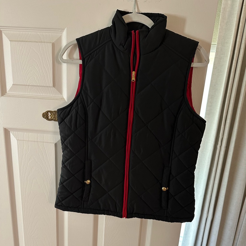 Ralph Lauren Black Quilted Vest with Red Trim and Gold Accents